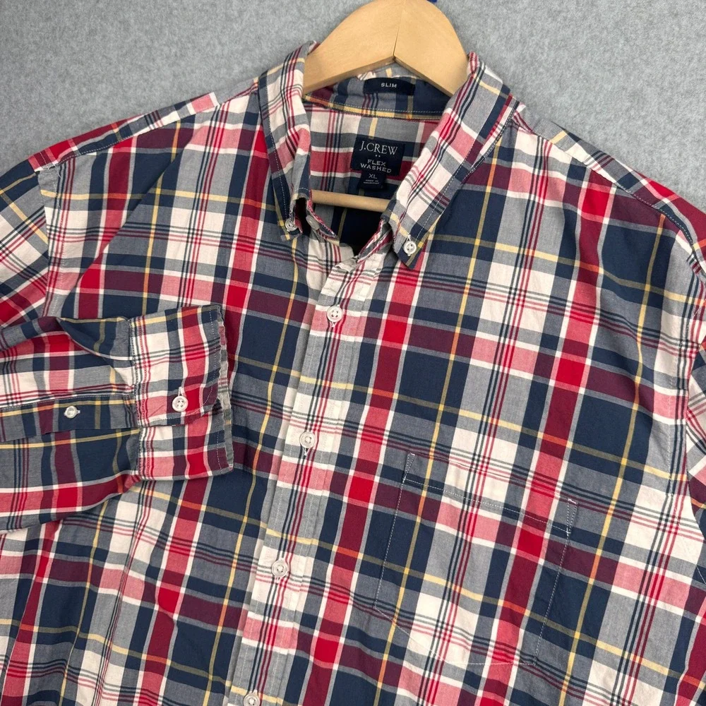J Crew Shirt Mens XL Slim Red Blue Plaid Flex Washed Long Sleeve Button Up Fall